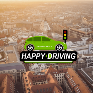 Leipzig von oben mit dem Logo Happy Driving